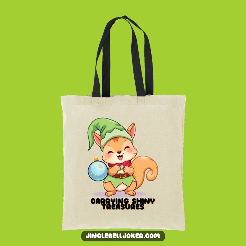 Funny Kawaii Elf Squirrel Tote Bag: Cute Christmas Character Holding Ornament, Handy Funny Gift