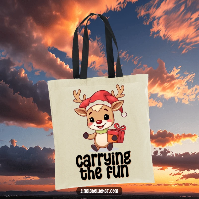 Funny tote bag illustrating a grinning reindeer dressed as a jester, carrying a wrapped gift, perfect for holiday use and spreading cheer.
