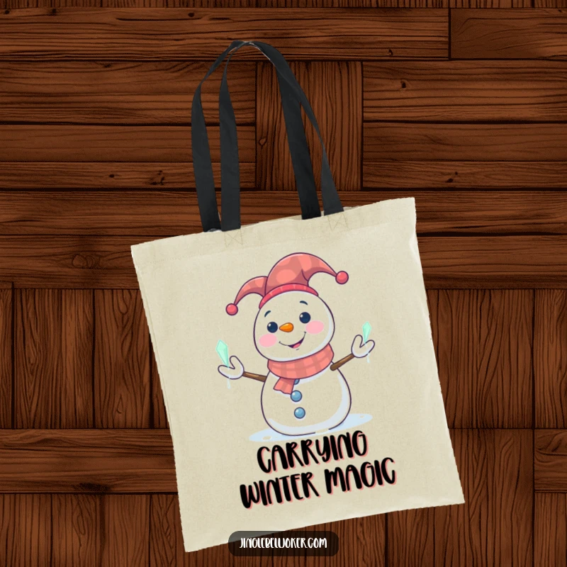 Funny Snowman Tote Bag: Smiling snowman in a jester hat juggling glowing icicles, great for winter shopping.