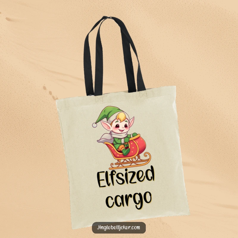 Funny tote bag illustrating a giddy elf joker excitedly riding a tiny, jingling sleigh, perfect for holiday use and spreading cheer.
