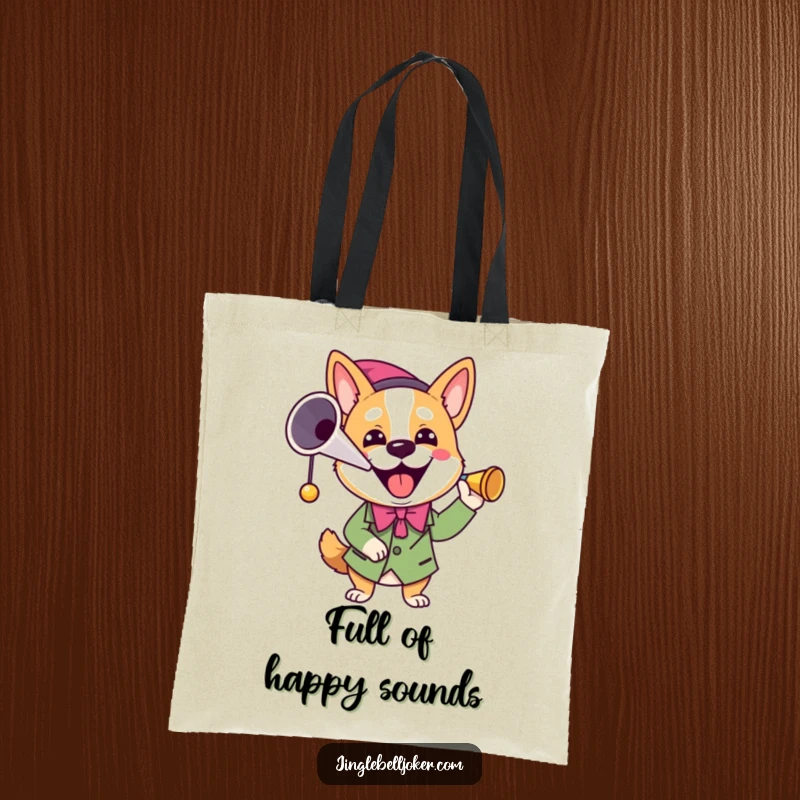 Funny Joker Dog Tote Bag: A dog dressed as a joker blows a horn, a funny tote for dog enthusiasts.