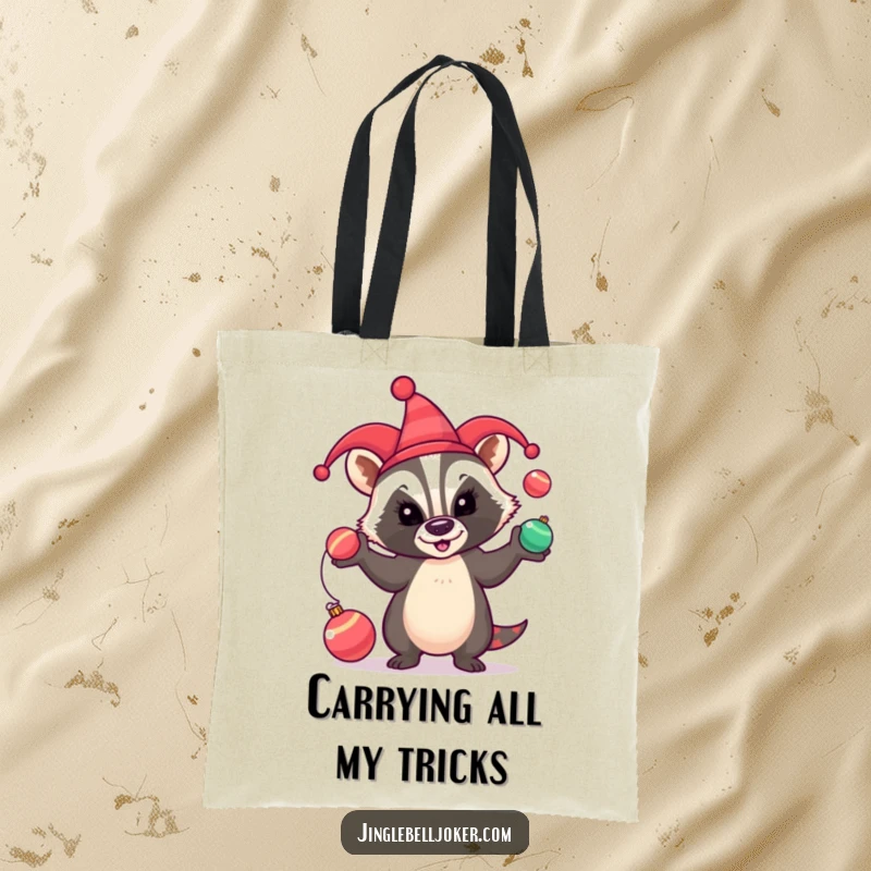 Funny Tote Bag: A mischievous badger in a jester hat comically juggles festive baubles, a holiday delight.
