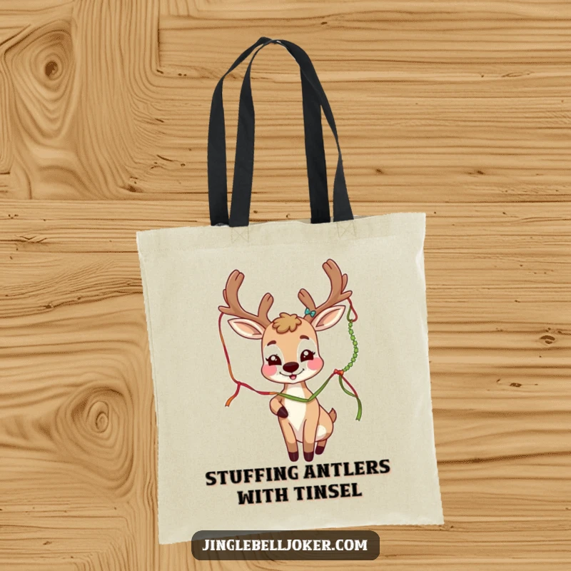 Funny deer joker character with festive antlers playfully batting a tinsel strand, printed on a durable tote bag.