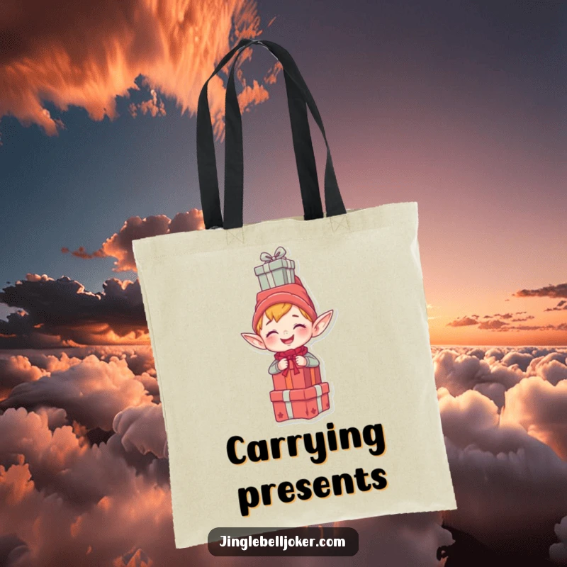 Funny tote bag featuring a giggling elf humorously balancing a stack of gifts on its head, perfect for holiday errands.