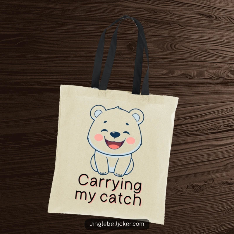 Funny tote bag featuring a happy polar bear with a wide grin, ideal for carrying essentials.