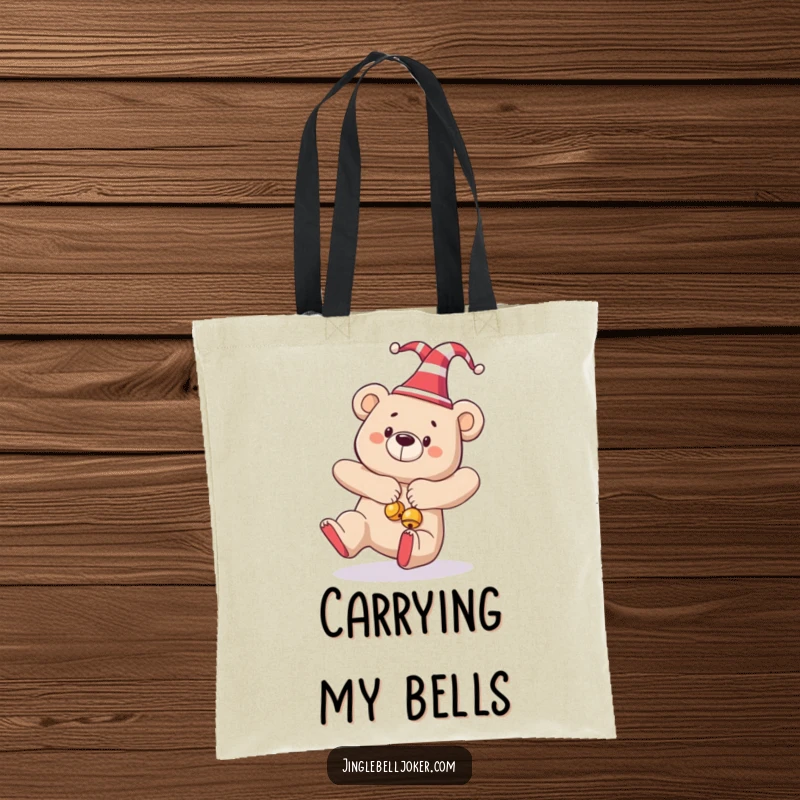 Funny tote bag illustration of a bear wearing a jester hat and bells, comically tripping during the holidays.
