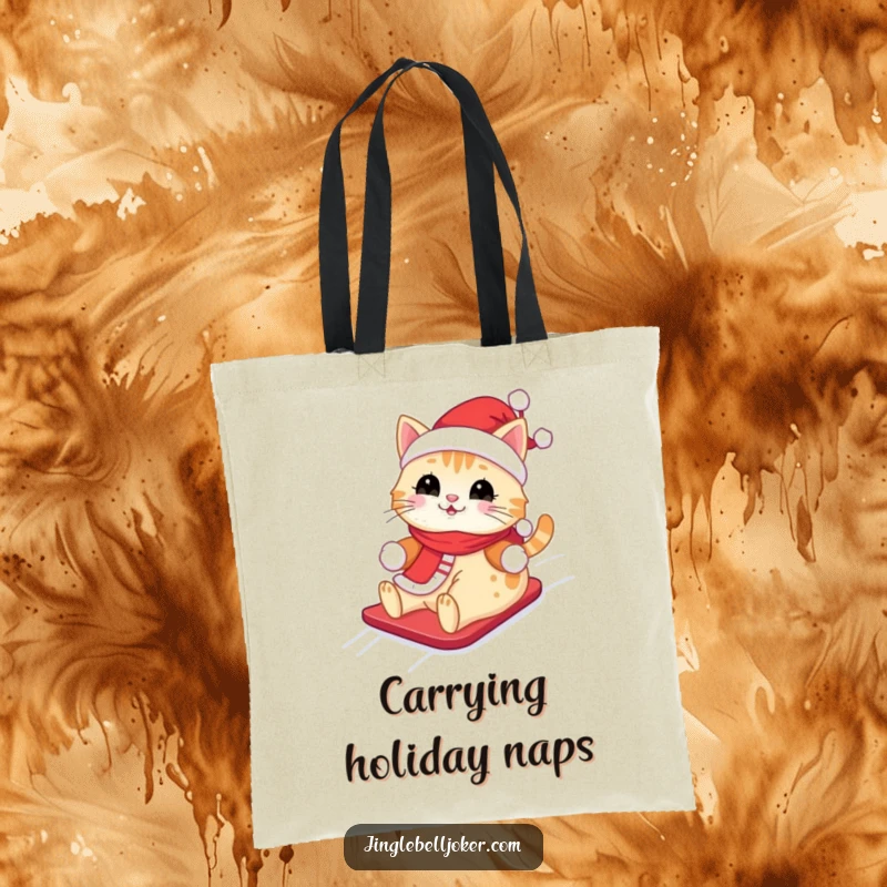 Funny Kawaii Santa Cat Tote Bag: A cute cat in a Santa outfit, happily sliding down a snowy hill, ideal for shopping.