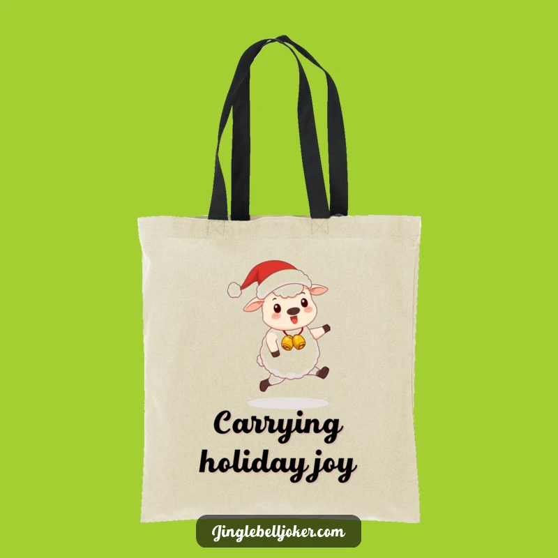 Funny Kawaii Santa Sheep Tote Bag: Cute Festive Animal Skipping Happily, Handy Funny Gift