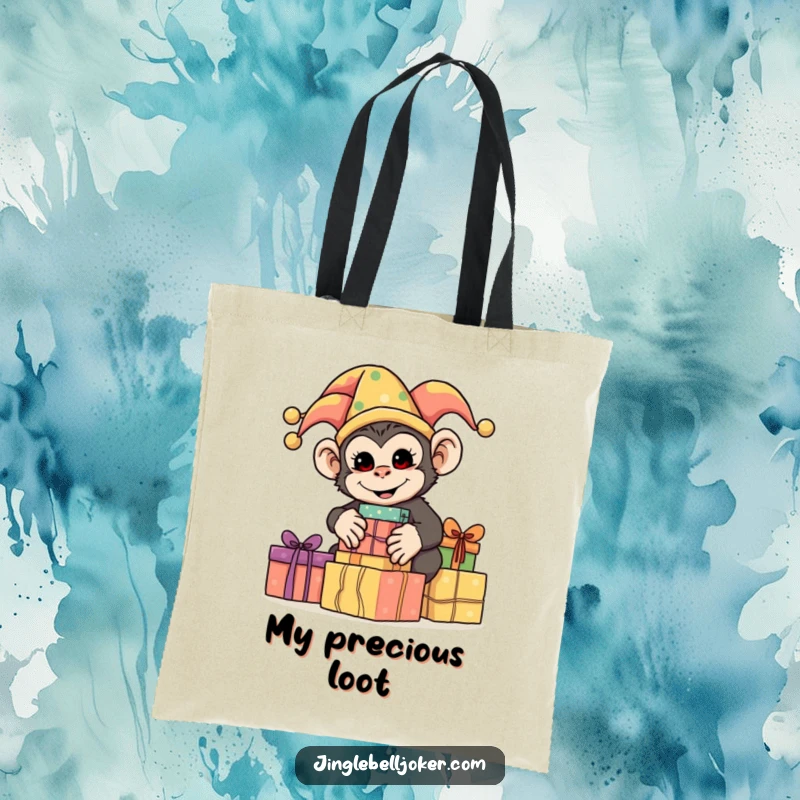 Funny Monkey Jester Tote Bag, featuring a silly monkey in jester attire stacking brightly wrapped presents, for humorous carrying.