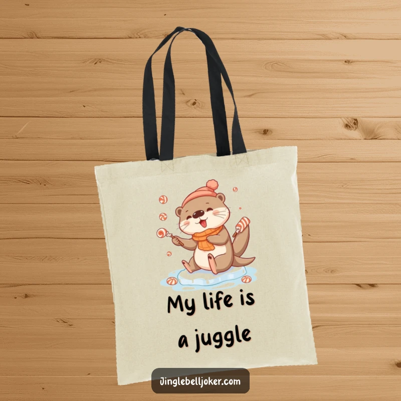 Funny tote bag illustrating a cute otter character in a funny slip on ice while juggling festive candies, ideal for shopping.