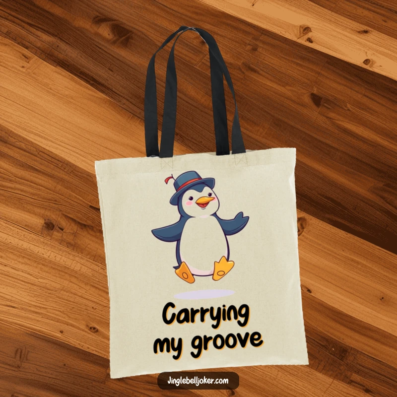 Funny penguin joker tote bag depicting a character in jester attire performing a silly, exaggerated jig, perfect for shopping with humor.