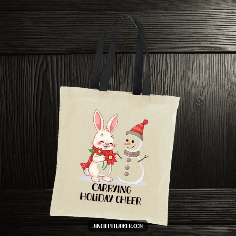 Funny Rabbit and Snowman Tote Bag with a cheerful rabbit attempting to serenade a snowman, great for holiday shopping.