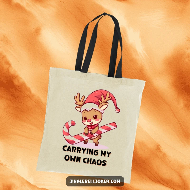 Funny Reindeer Jester Tote Bag: A reindeer in a jester wig trips on a candy cane, great for humorous shopping.