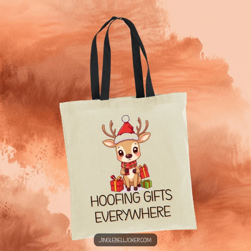 Funny tote bag designed with a deer in a Santa hat curiously juggling gifts, perfect for holiday shopping.