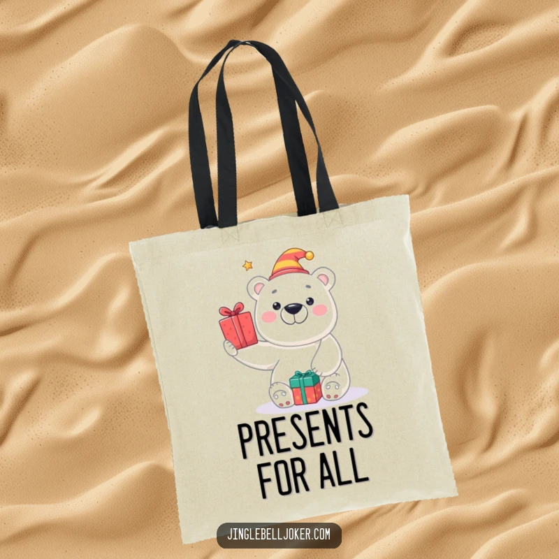 Funny tote bag featuring a smiling polar bear wearing a jester hat, tossing presents, great for shopping and holiday errands.